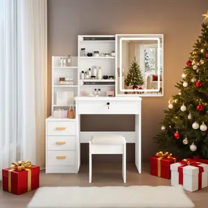 Dressing table set with sliding HD mirror and light, includes stool, 5 storage compartments, women's bedroom/dressing room dressing table set, white