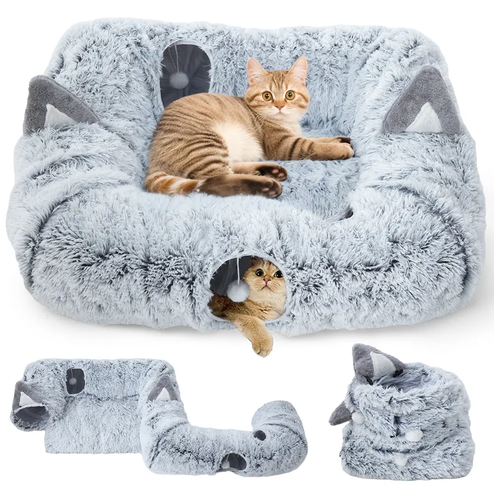 Cat Tunnel with Cat Bed for Indoor Cats, Detachable Soft Plush Peekaboo Cat Cave Donut Tunnel, Multifunctional Playground Toys Hideplace for Kittens, Rabbit, Ferret (Grey), Pet Valentine's Day, dealsforyou, summerwins, restock, dealsforyoudays, DFYD