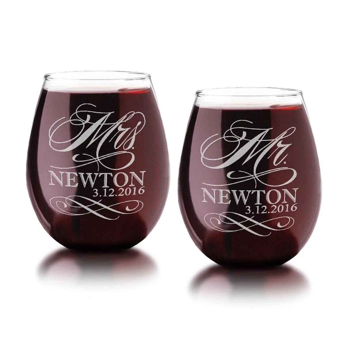 Set of 2 Personalized Mr. Mrs. Stemless Wine Glasses Last Name and Date Couples Wedding Anniversary Engagement Gift Custom Engraved Glasses
