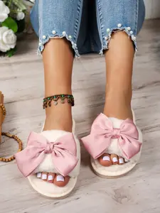 Women's autumn and winter open-toe slippers with elegant velvet bows, durable non-slip TPR outsoles, ideal for Valentine's Day parties and home use, a perfect Valentine's Day gift