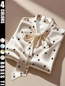Subtle design polka dot satin shirt with bow collar and flared sleeves, elegant and luxurious, slimming commuter shirt for women