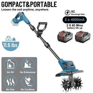 21V Cordless Tiller Cultivator Electric Garden Tiller with 2 x 4.0Ah Batteries 120 Mins Runtime 10-Inch Tilling Width 300 RPM Lightweight Handheld for Flowerbeds and Vegetable Plots