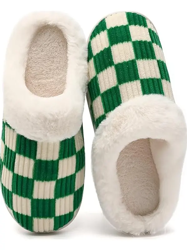 Women's & Men's Retro Checkered Open-Toe House Slippers - Cozy Plush Fleece-Lined Black White Plaid, Non-Slip Soft Sole Winter Indoor Sports Slide Footwear