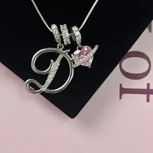 14K Silver 3-Layering Initial A-Z LetterPendant Necklaces for Women Snake Chain Choker PinkHeart Zircon Adjustable Length Necklace Jewelry