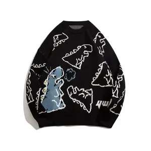 Men’s Cartoon Dinosaur Pattern Knitted Sweater, Casual Warm Slightly Stretch Crew Neck Pullover for Autumn/Winter