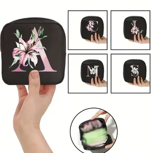 1pc Floral Flowers Letter Pattern Sanitary Pads Storage Bag Portable Pouch Zipper Bag Large Capacity, Women Tampon Storage Bag Sanitary Pad Pouch Napkin Cosmetic Bags Organizer Ladies Makeup Bag s Tampon Holder Organizer,Fabric for Storing Sanitary Pads