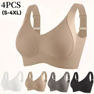 4PCS Women's Seamless Ribbed Comfort Bra Set, Adjustable Wide Strap Wire-Free Push-Up Style Bralette, Full Coverage Everyday Support Sleep & Light Sports Top S-XXL