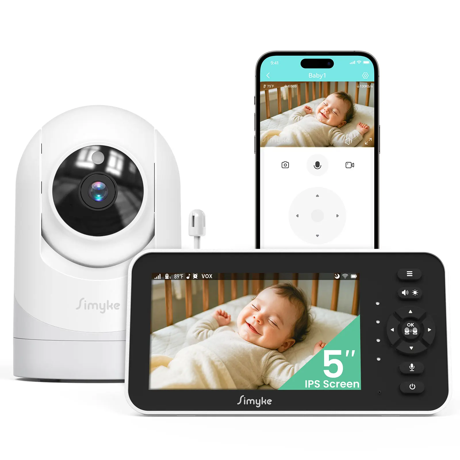 Simyke 5-inch Video Baby Monitor with Camera & Audio, Automatic Fast Charging, 30 Hours Battery, 330° Blind Spot Coverage, No WiFi Parent Unit + Mobile App, Pan-Tilt-Zoom, Night Vision, 2-Way Talk, VOX Mode, Newborn Nursery Security Camera High Chair home