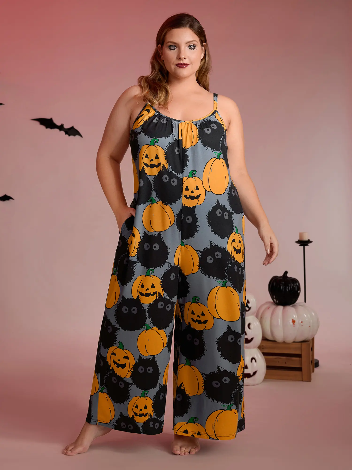 BloomChic Plus Size Women's Halloween Outfit - Pumpkin Print Wide Leg Jumpsuit, Comfortable Sleeveless Stretch Romper with Pockets, Festive Fall Wear,Summerfinds, Casual Sleeveless Overalls, Multicolor, Stylish Jumpsuit, Jumpsuits For Women