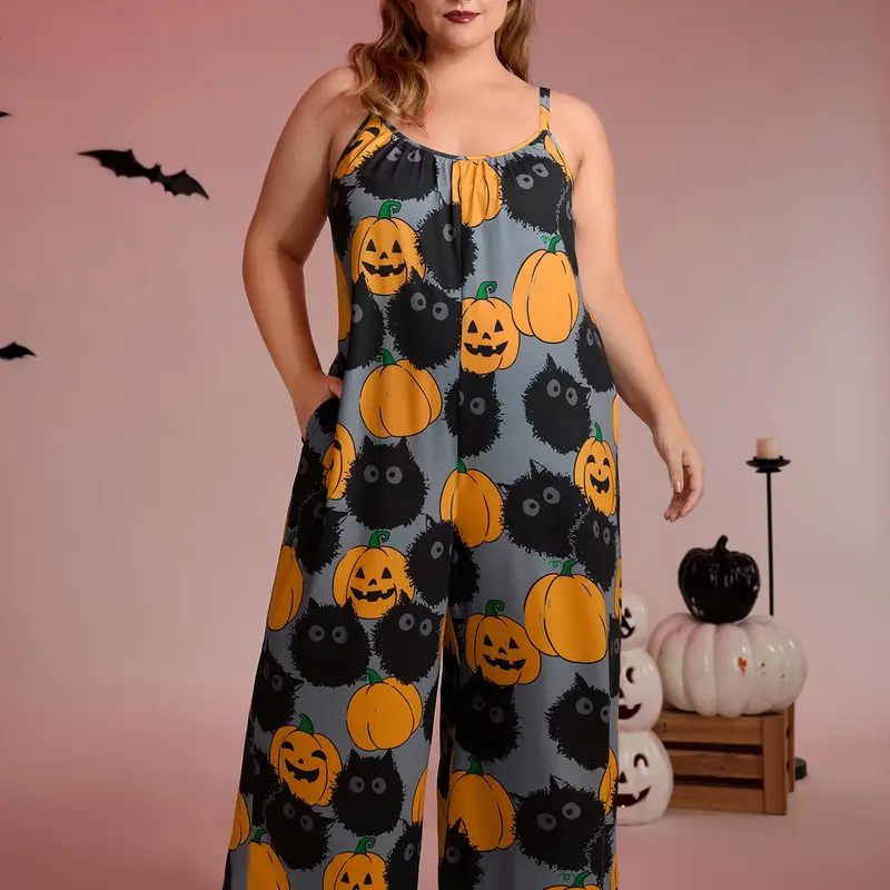 BloomChic Women's Plus Size Stylish Jumpsuit - Casual Sleeveless Overalls, Pumpkin Print Wide Leg, Stretchy 95% Poly, Maxi Flow Length, Side Pocket, Low Iron, Fall Holiday Halloween Outfit [M-6X]