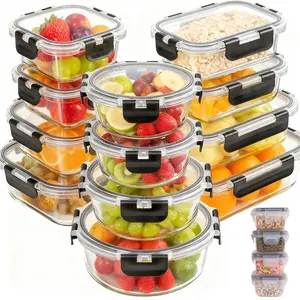 12Pack Airtight Glass Food Storage Containers with Lids,Microwave, and Dishwasher Kitchen Organizer, BPA-Free , Black/Gray Set Utensils