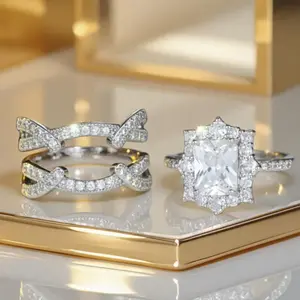 2PCS Princess Style Shiny Multi-Layer Square Couple Rings, Synthetic CZ Stackable Rings, Engagement Promise Wedding Anniversary Birthstone Jewelry, Valentine's Day Christmas Gifts