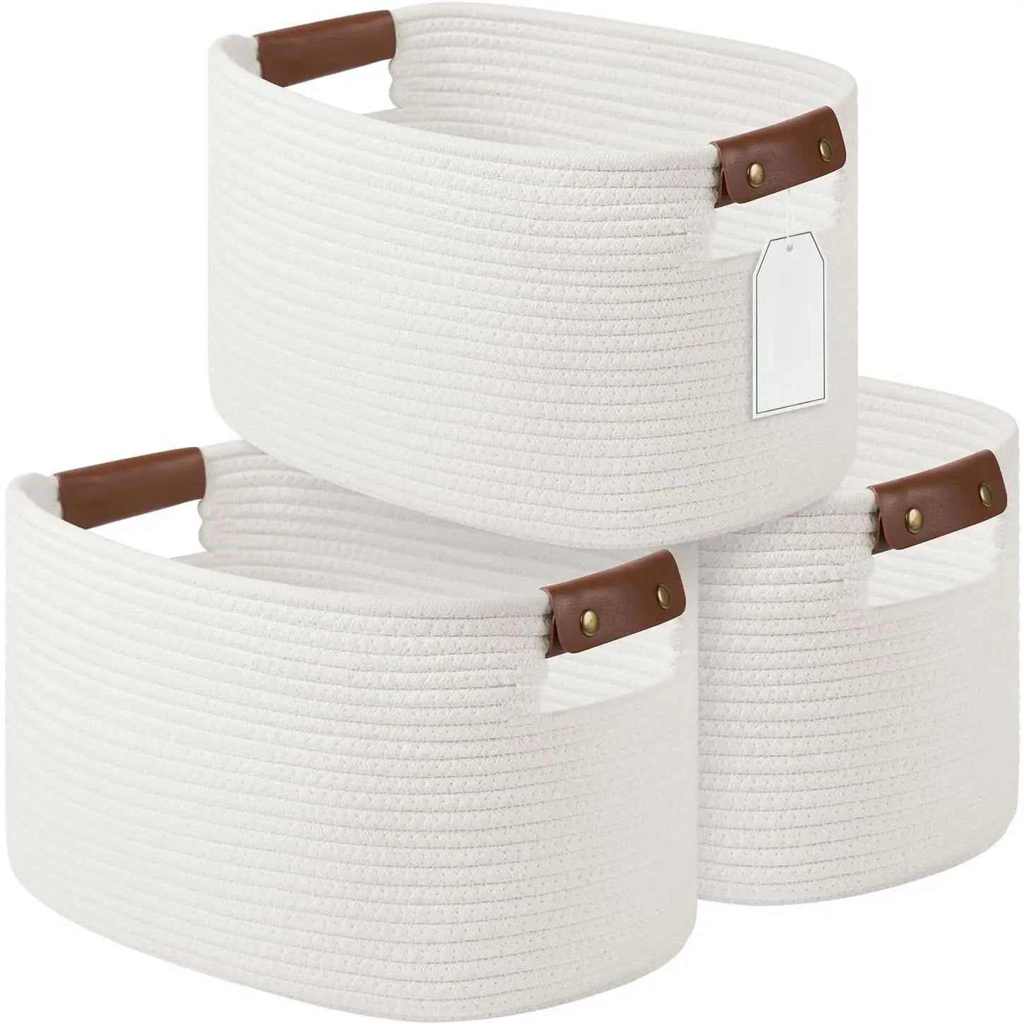 Rope Basket, Storage Baskets with Handle, 15x10x9 Inch Woven Basket for Shelves, Laundry, Towels, Clothes, Books (White 3Pack)