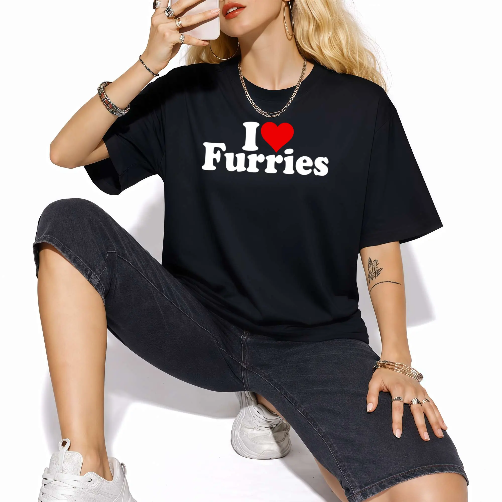 Men's I Love Furries Graphic T-Shirt, Casual Short Sleeve Round Neck Tee in 100% Cotton Fabric, Furry Fandom Streetwear Apparel, Shortsleeve, Gym