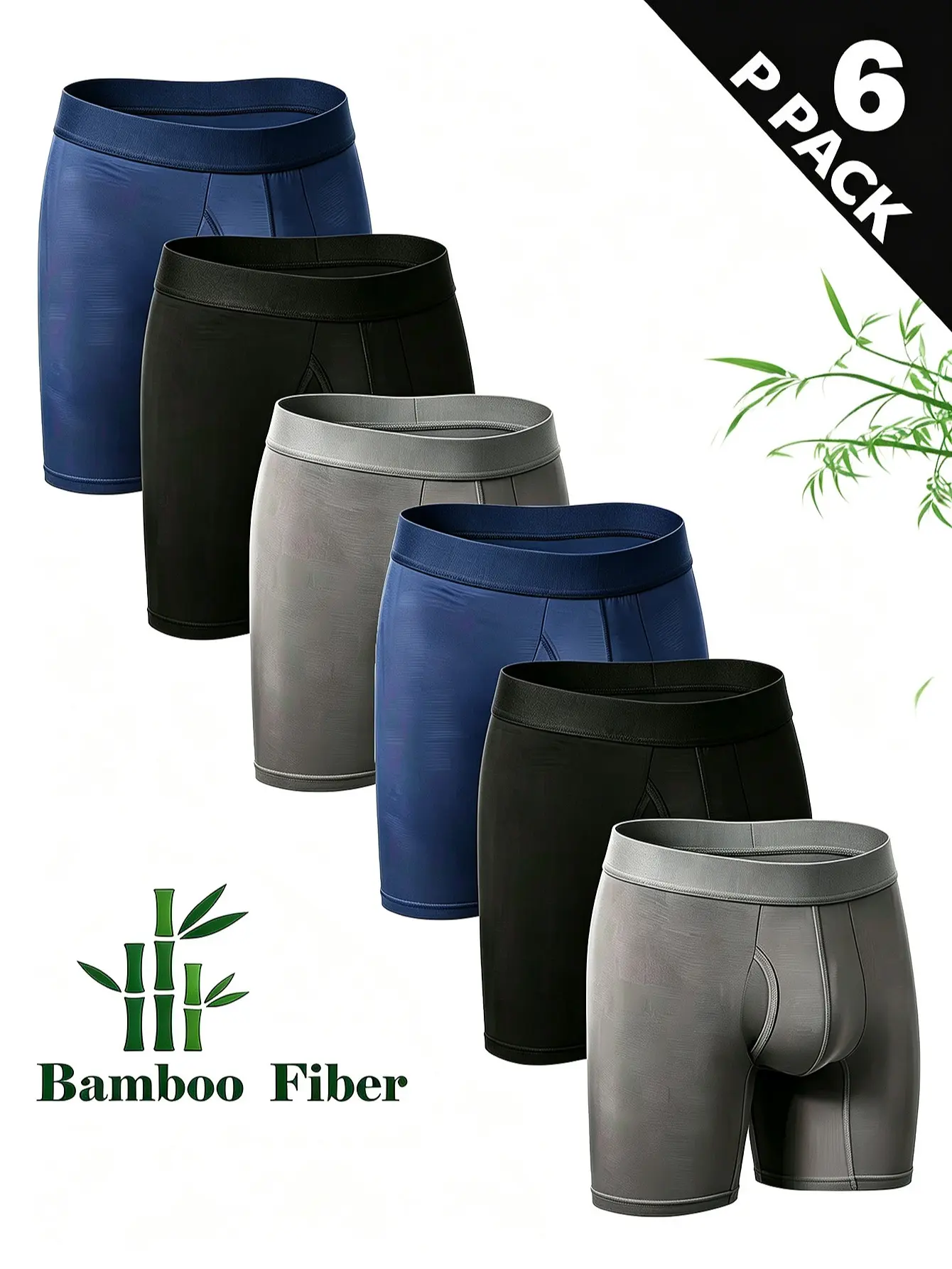 Men's 6-Pack Solid Bamboo Fiber Boxer Briefs - Menswear Elastic Underwear, Soft, Breathable Athletic Style with No-Ride-Up Fit for All-Season Comfort