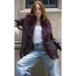 AURELIA-BURGUNDY FAUX FUR MOTO JACKET