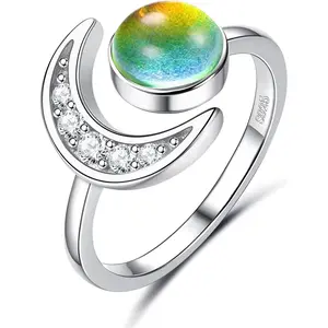 Florideco Trendy 925 Sterling Silver Mood Ring Moon Star Open Adjustable Rings for Women 18K White Gold Plated Color Changing Mood Ring Temperature-Control Star and Moon Rings Statement Jewelry