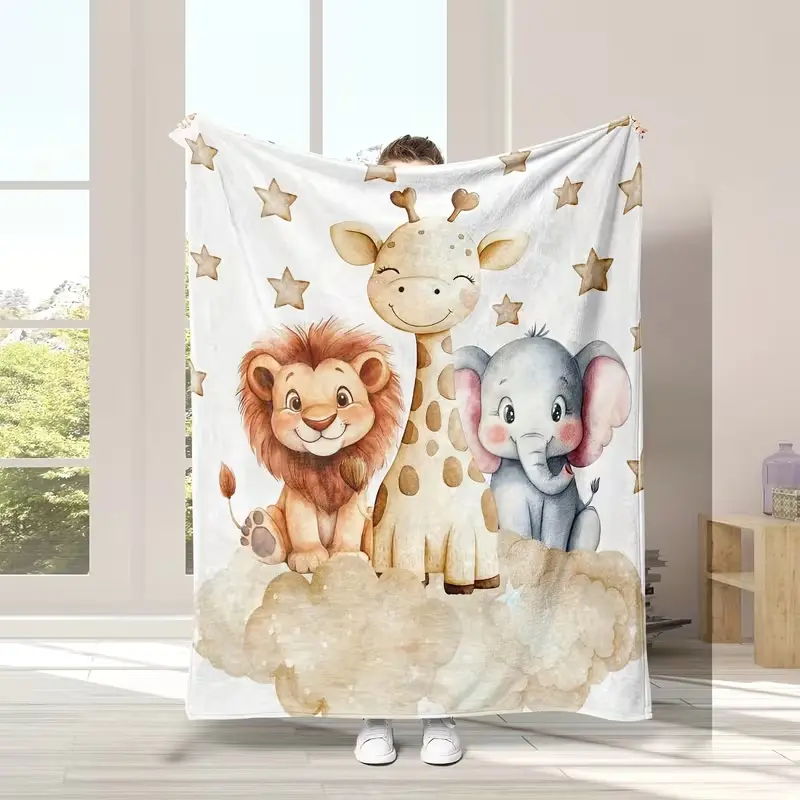 Soft And Comfortable Digital Print Blanket Featuring Giraffes, Lions, And Elephants in a Cloud And Starry Sky Design, Tear-Resistant, Suitable for Use on Sofas, Beds, fo