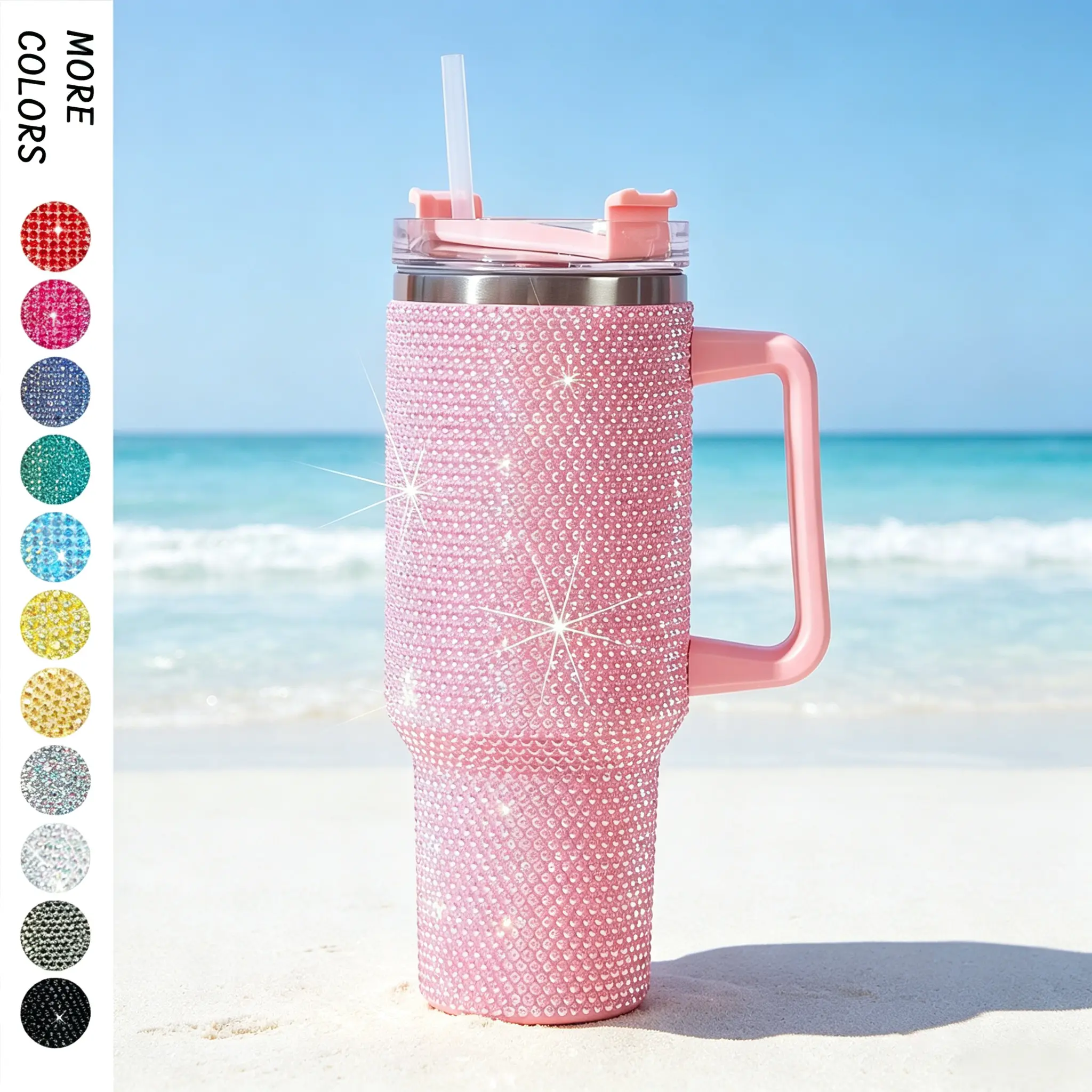 40oz Bling Rhinestones Tumbler with Handle - Sparkly Stainless Steel Water Bottle for IceCoffee, Must-Have CarAccessories & GymEssentials, Diamond Studded Cup for Women, Cute Birthday Gifts,dorm essentials,home decor,home essentials,camping essentials