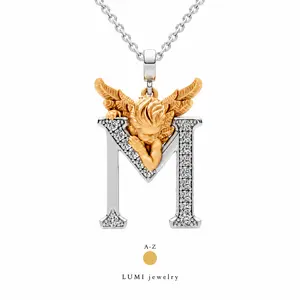 LUMI 14K Gold Plated Initial Letter Pendant Necklace, A-Z Angel Charm Necklace, 316L Stainless Steel with Cubic Zirconia, Personalized Jewelry Gift