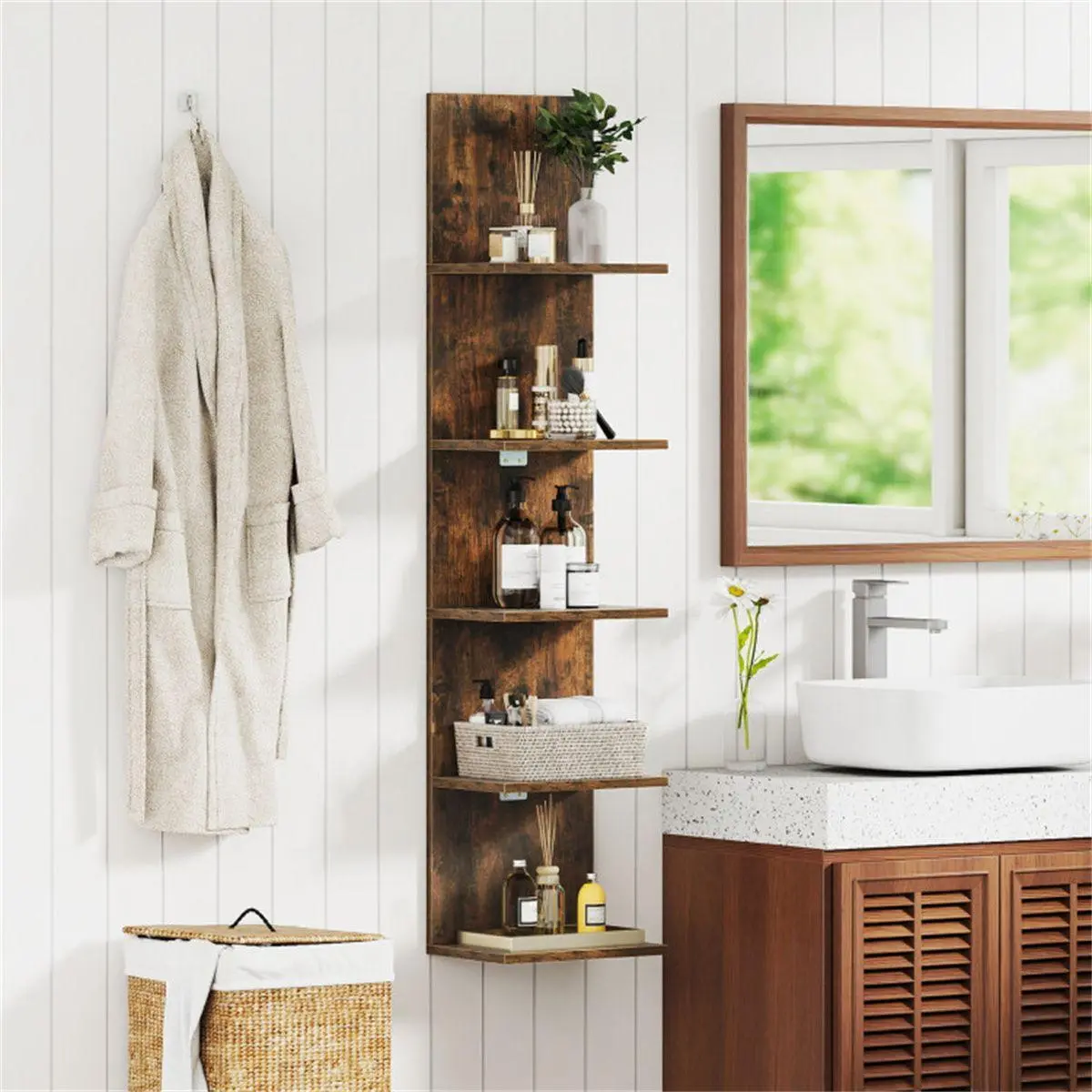 5-Tier Rustic Brown Engineered Wood Wall-Mounted Floating Shelf, 30.48x21.59x129.54cm, 11LBS Per Shelf Capacity, 9.5in Spacing (Home Decor Storage Solution)