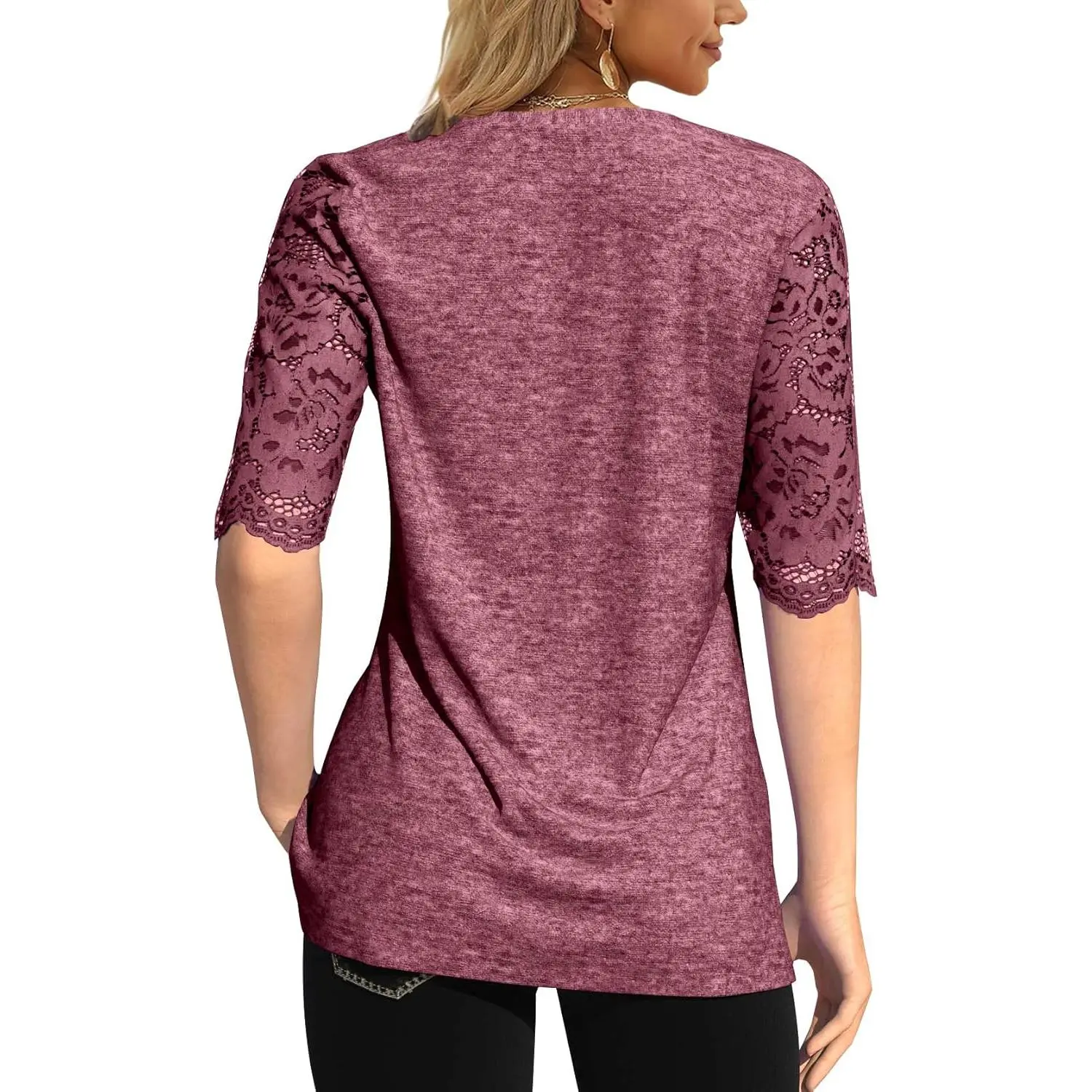 Imily Bela Essentials Women's Lace Sleeve Summer T-Shirt V-Neck Botton Up Basic Solid Color Casual Tunic Tops