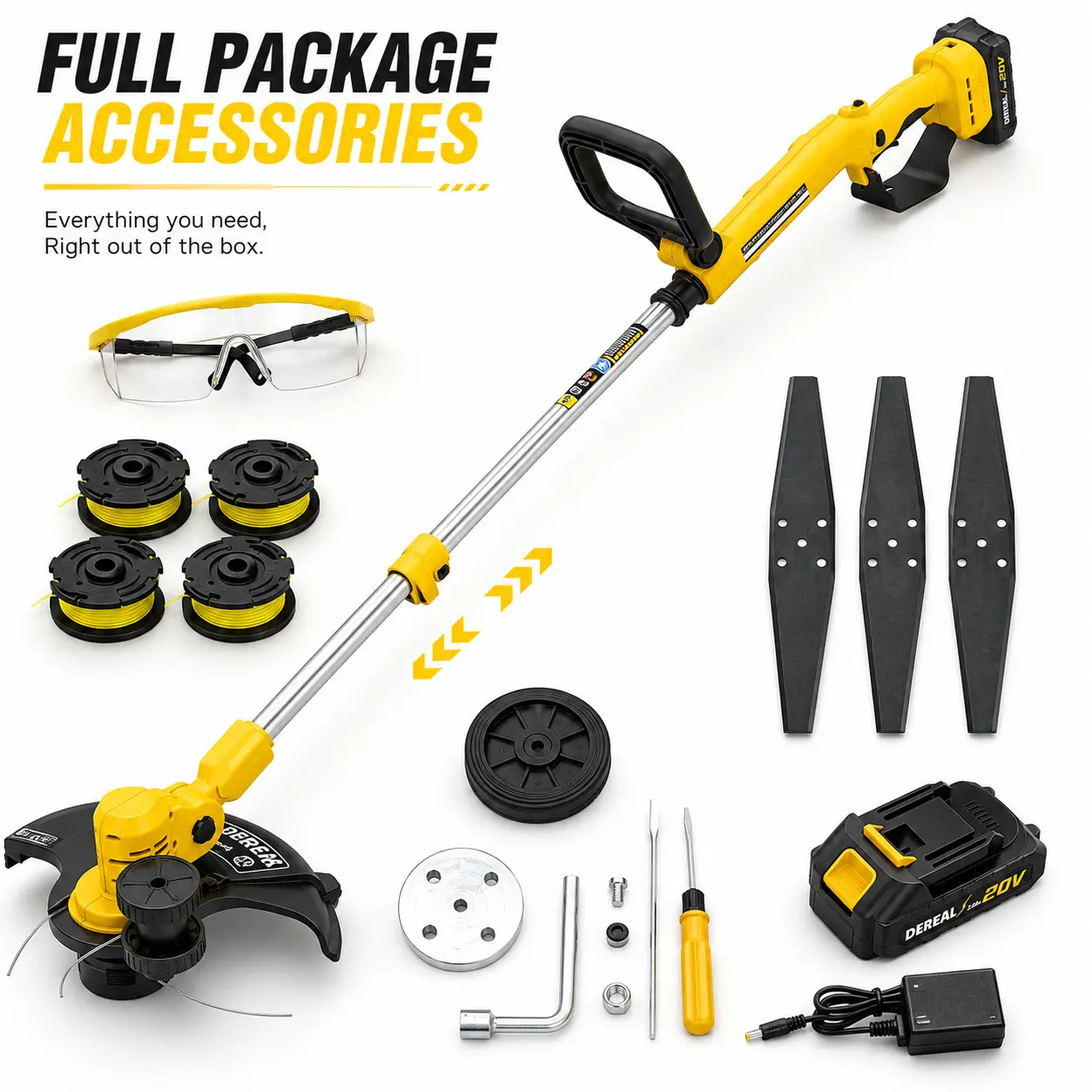 20V Cordless Grass Trimmer & Lawn Mower Kit - Includes Rechargeable Battery, Quick Charger, Lawn Mower Disc, Cutting Toolbox, and Handle