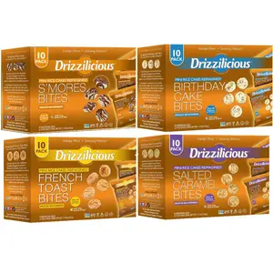 Drizzilicious Mini Rice Cake Snack Bites Variety Pack – Low-Cal Rice & Quinoa Crisps, Vegan & Gluten Free, 90 Calories per Bag – Salted Caramel, S’mores, French Toast & Birthday Cake (4 × 10-Pack, 0.74 oz Bags)