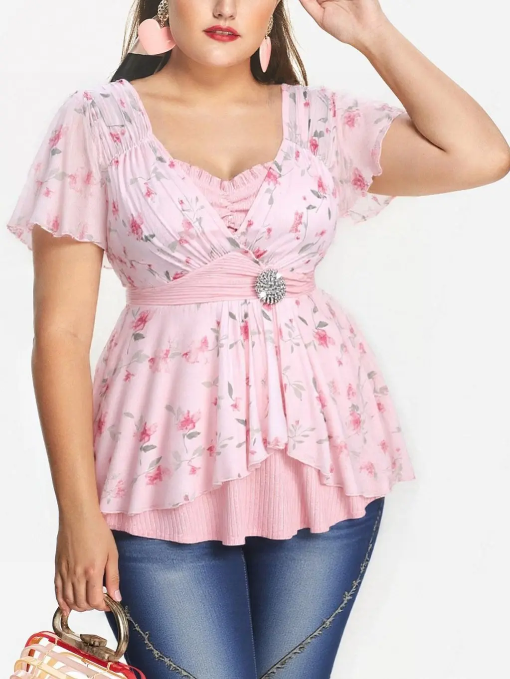 Rosegal Feminine Floral Print Top with Mesh Shortsleeve and Surplice Neckline - Buckle Detail, for Everyday Wear with Jeans & Skirts, Casual, Women backtoschoolshopping, Loose, Plus Size Fashion, Ruffles, Breathable, Soft, Plus Size Top, Shirts, Blouses,,