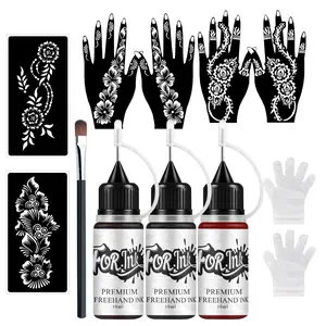Temporary Tattoo Ink Set, 3 Bottles of Hand-Draw Tattoo Ink and 6 Hollow Template Stickers, Henna Stencils for Body Art, Parties, Halloween, Graduation and Beach Vacations