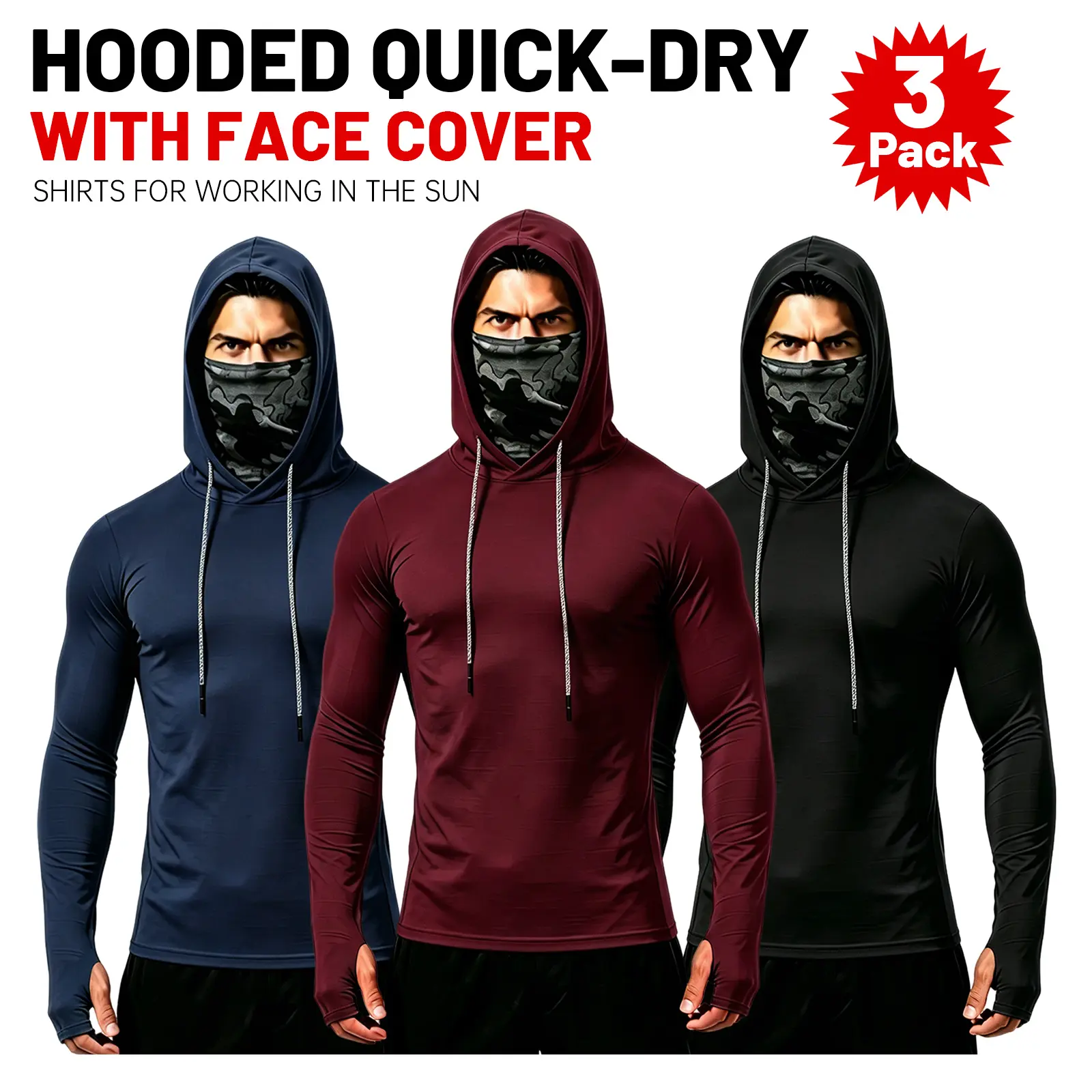 Men's 3-Pack Performance Hoodies with UPF 50+ Sun & Neck Protection, Polyester Spandex Athletic Shirts with Built-in Gaiter & Thumbholes, Sun Protection, Neck Protection Men's Hoodies