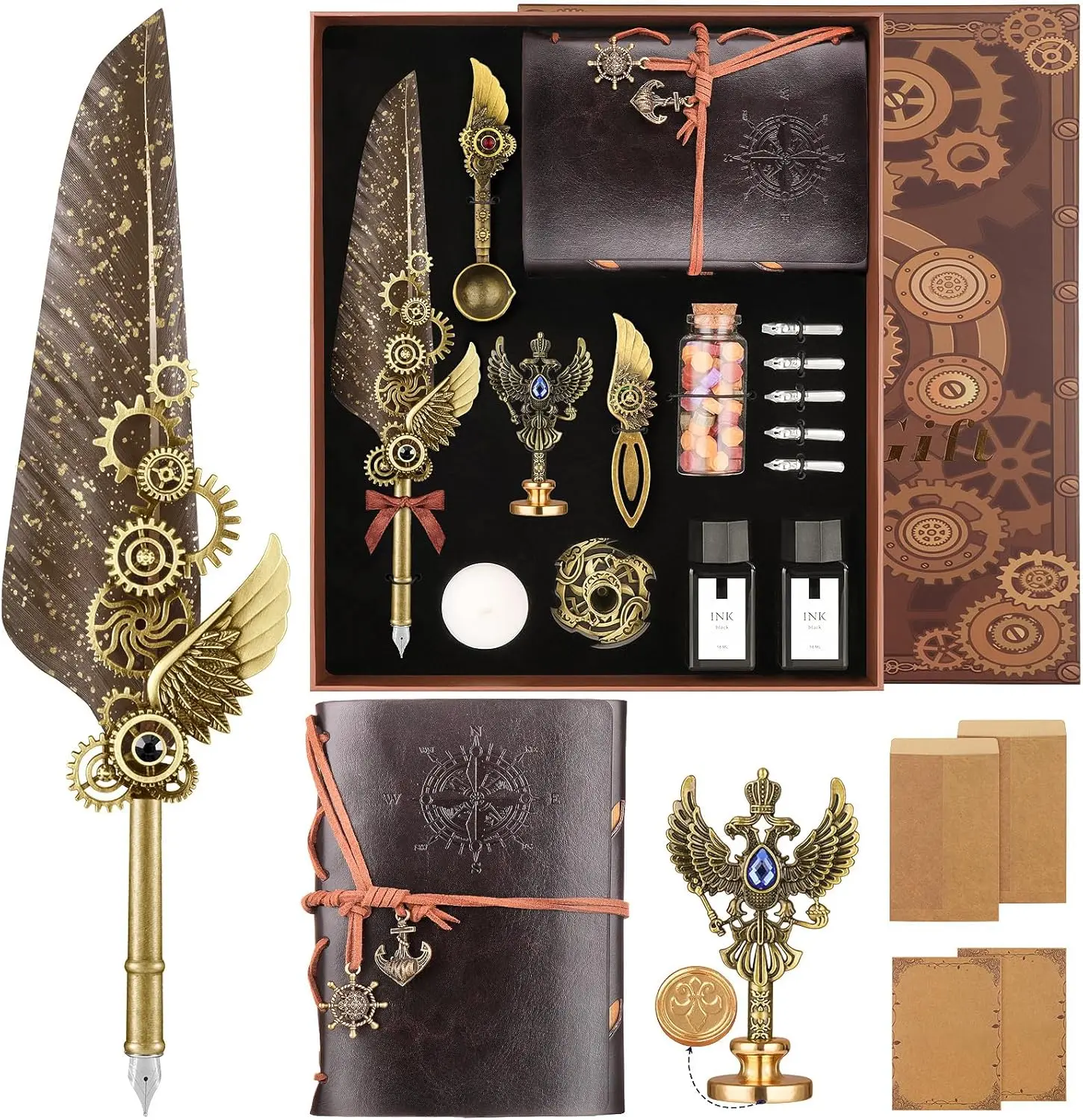 Quill Pen and Ink Set,Calligraphy Pen Set for beginners, Pen Set with Leather Notebook,Pen Holder,5 Replaceable Nibs,Bookmark,Letter Writing Kit & Wax Seal  Kit-Calligraphy Pens  Set