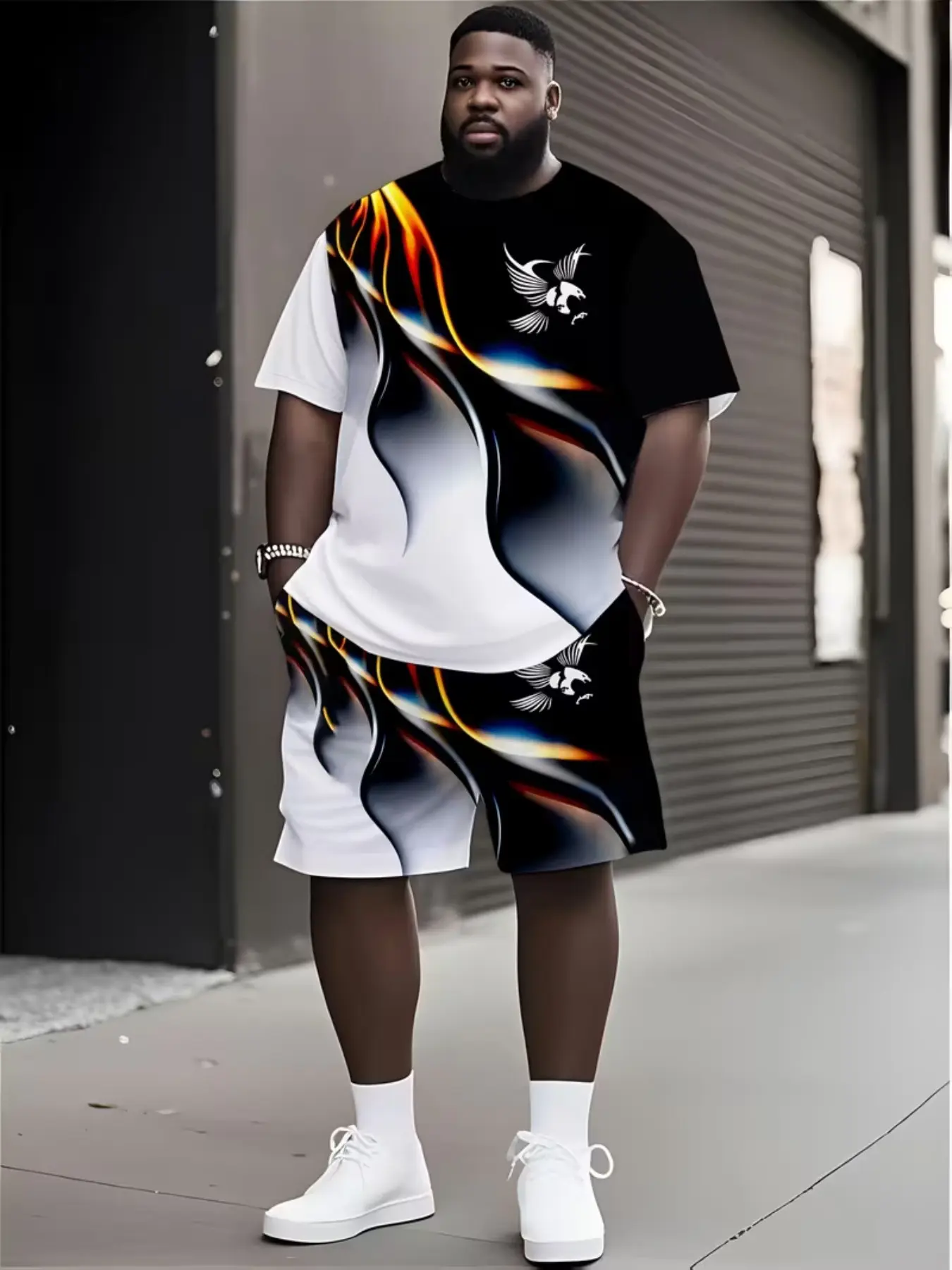 Men's Plus Size Gradient 3D Eagle Pattern Sportswear Set, Streetwear Tracksuit Set, Athletic Workout Clothing, Workout Sets, Short Sleeve T-Shirt and Shorts, Casual Loose Fit, Athletic Training Apparel, All Seasons
