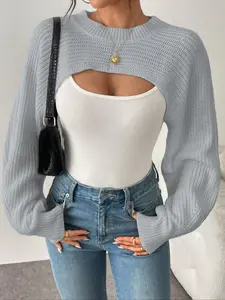 Short Asymmetric Hem Long Sleeve Solid Color Ribbed Knit Loose Pullover Sweater, Casual Basic Fashion for Women, Comfortable and Stylish Outerwear, Knitwear