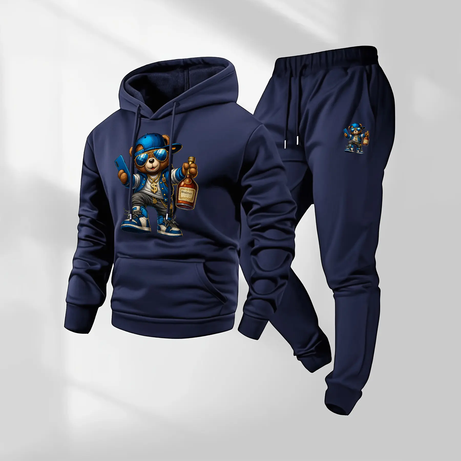 Men's Cartoon Bear Patterned Hoodie And Drawstring Track Pants Set, Men's Casual Athletic Long-Sleeved Hooded Jacket And Pants, Suitable For Fall And Winter, Street Style Hoodie Set, Men's Everyday Wear, Indoor And Outdoor Sportswear,