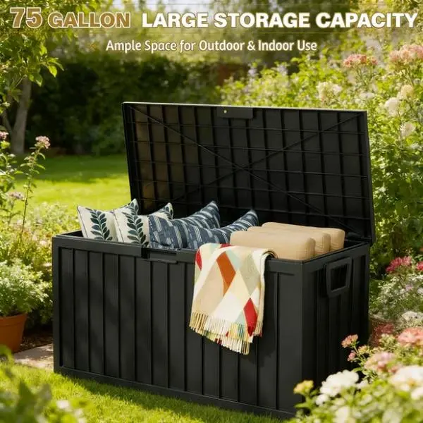 60 Gal Rectangle Plastic Deck Box Organiser - Adjustable Easy-Open-Close Lid Outdoor/Indoor Storage Bin for Toys, Books & Large Items