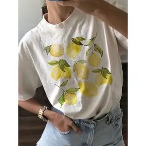 Cute Lemon Fruit T Shirt Short Sleeve Loose Botanical Tshirt Vintage Cottagecore Clothes Women Retro Aesthetic T-Shirts