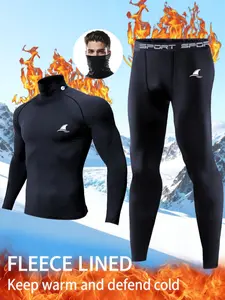 Men’s 2-Piece Thermal Base Layer Set – Ultra High Neck Printed Top + Warm, Soft Tech Fleece Lining, Perfect for Skiing, Running & Winter Training