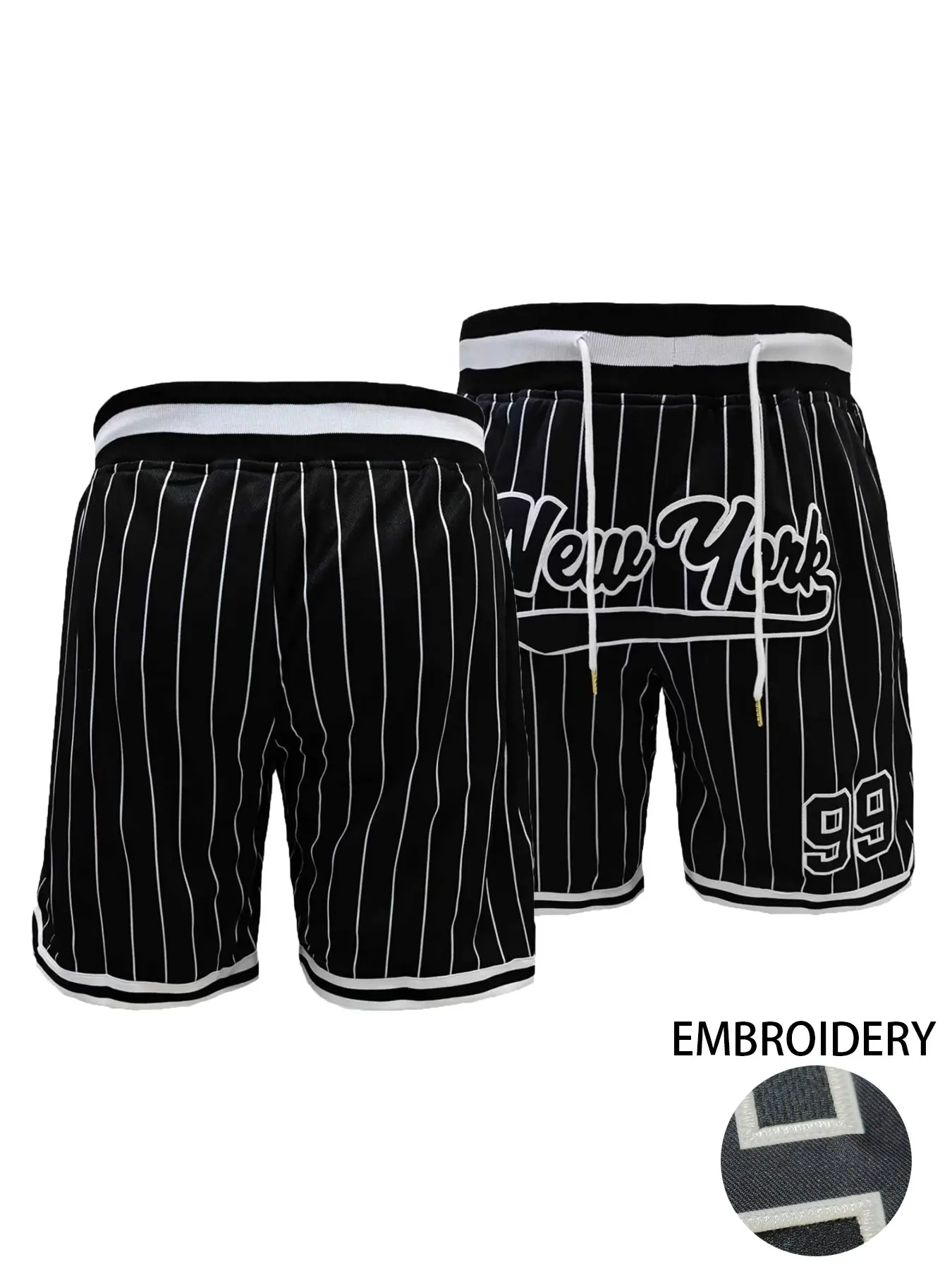 Men's Embroidered New York #99 Pinstripe Mesh Shorts – Breathable Quick-Dry Athletic Shorts for Gym, Training & Casual Streetwear, Summer Sports Shorts