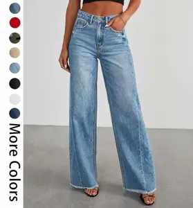 USBoutique Chic  Women's Fashionable Cute Wide Leg Jeans Flowy High Waisted Strechy Raw Hem Zimbaplatinum Denim Pants(2 or 3 for fs)