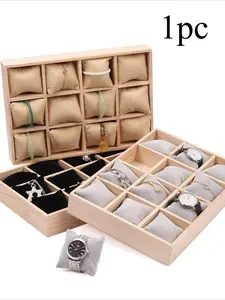 Wooden Jewelry Display Tray, 12 Grid Velvet Pillow Plate, Watch Bracelet Ring Holder, Live Streaming Storage Prop, Jewellery Organizer