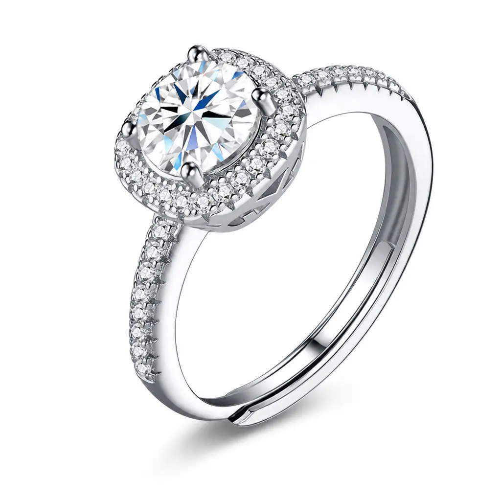 1CT 6.5mm Round Moissanite Halo Ring, 925 Sterling Silver with 18K White Gold Plating, Pavé Promise Ring with Gift Box & Moissanite Report