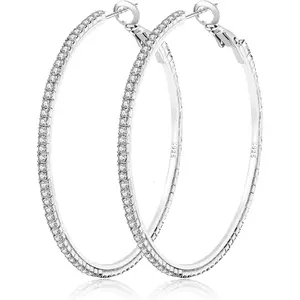 925 Sterling Silver Earrings Large Rhinestone Hoop Earrings Big Cubic Zirconia Hoop Earrings Thin Rhinestones Round Hoop Earrings for Women 20/30/40/50/60/70mm Sparkly Hoops With Crystals for Womens