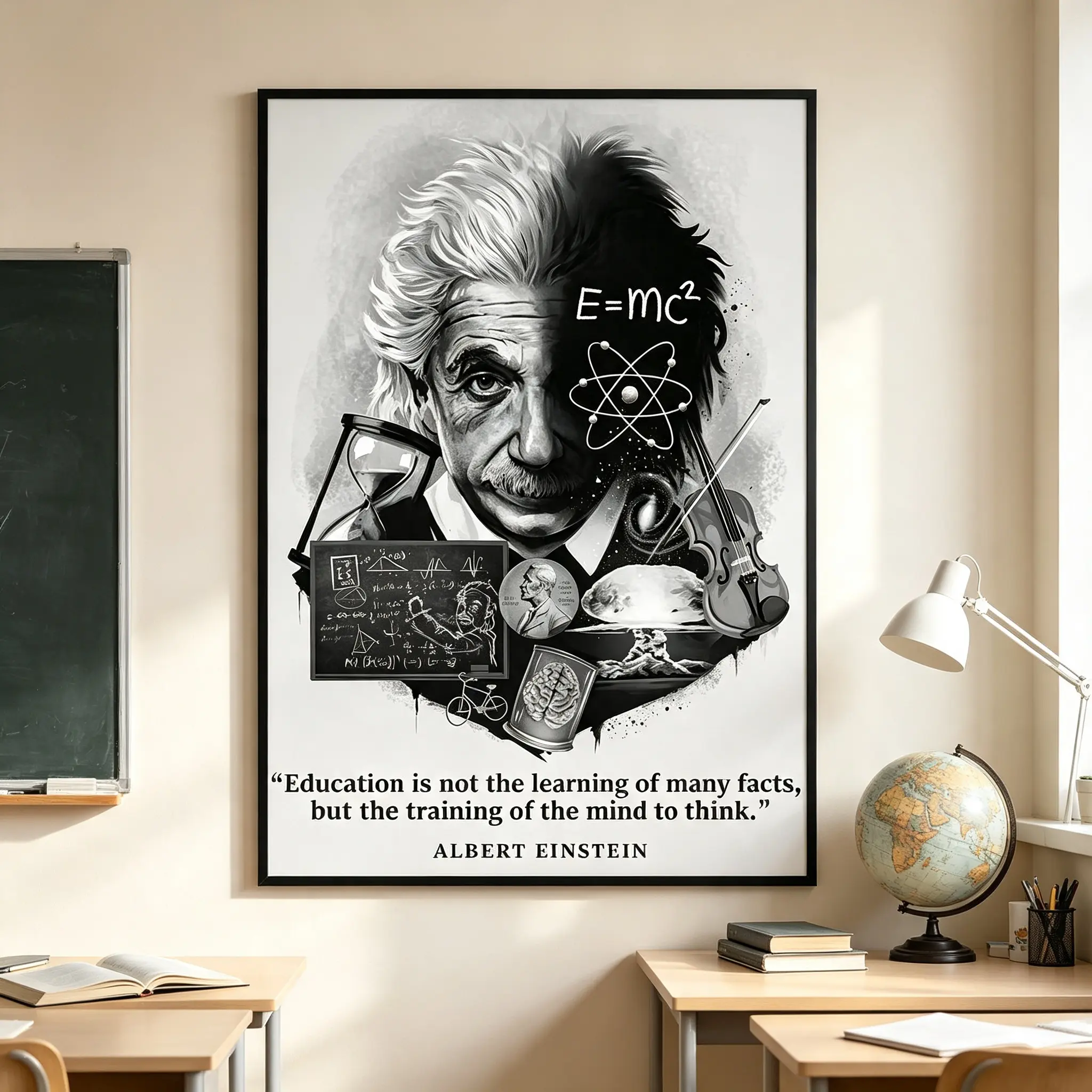 Artistic Albert Einstein E=mc² Quote Black-White Science Poster, 2026 Fall Home Decor, Motivational Study Room Print, Inspirational Gift