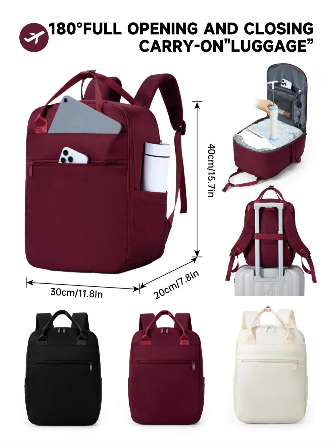 Vacuum Compression Travel Carry On Airplane Backpack for Laptop with Pump, 40x30x20cm Tui Airways Approved, 35.56cm Laptop Compatible, Under-Seat Cabin Bag,Ryanair, EasyJet, WizzAir Cabin Bags