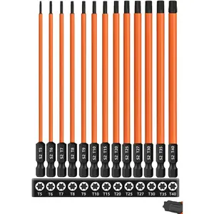 13- 6 inch /150 mm Long Torx Bit Set for Impact Driver, S2 Steel  Bit Set (T5-T40), 1/4'' Hex-Shank  Torx  Bit, Torx  Drill Bit Set with CNC Machined Tips