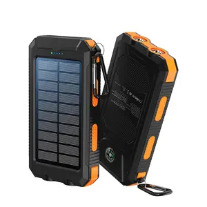 10000mAh Solar Power Bank with Type-C Input, Compass, Carabiner Clip & Flashlight - Portable Solar Charger for Outdoor Hiking, Camping, Emergencies