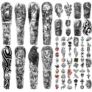 Full Arm Sleeve Temporary Tattoos for Men Women, 46 Sheets Fake Tattoos for Adults, Realistic Lion, Wolf, Eagle, Deer, Flower, Clock, Skeleton Design for Party Concert Daily Accessories