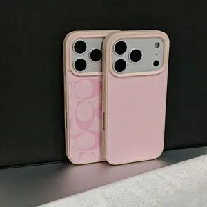 iPhone 17 Pro Max Designer Case: Luxury Gold Emblem iPhone Case Compatible with iPhone 16 Pro Max iPhone 15 14 13 12 11 and Plus Series Models — Pink Leather Case