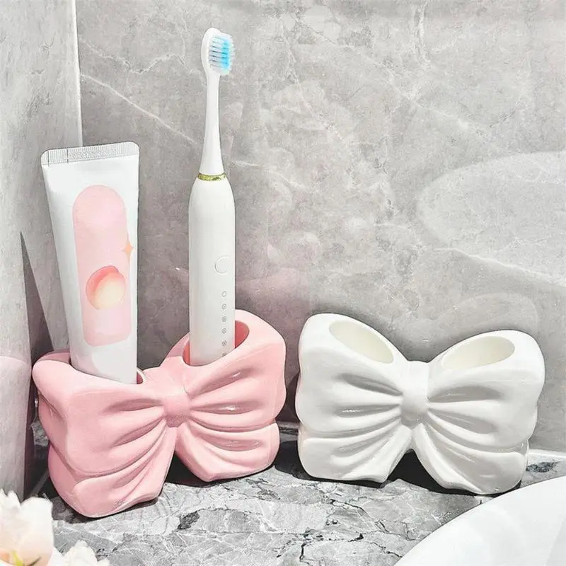 Ceramic Bowknot Toothbrush Holder, Blush Pink Bathroom Accessory, Durable Aesthetic Countertop Toothbrush Holder for Home, Dormitory Elegant Storage Organizer, Countertop Toothbrush Holders